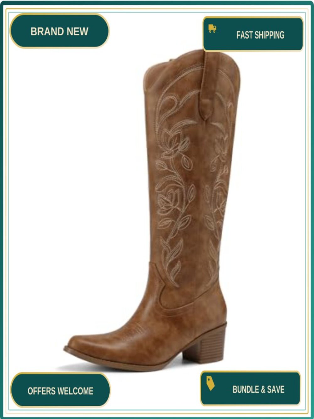 Women's Knee High Cowboy Boots Faux Leather Square Toe Western